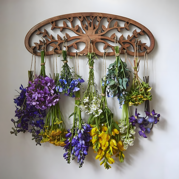 Tree of Life Hanging Herb Drying Rack | Rustic Wood Wall Décor for 11 Bouquets